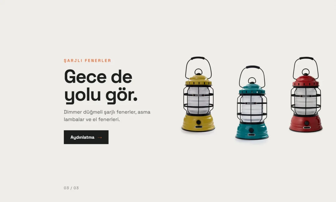 Üç renkte şarjlı kamp feneri